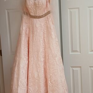 Camille La Vie Pale Blush Pink Floral Embroidered A-Line Gown with Jeweled Waist